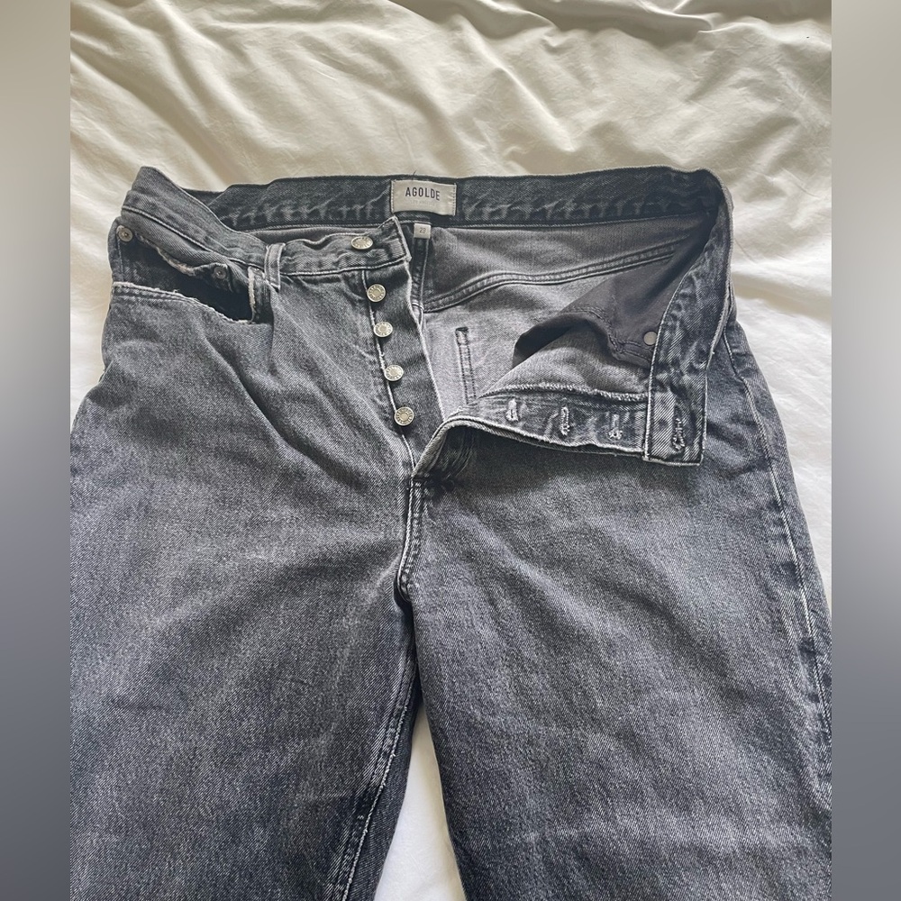 Agolde straight leg high waist, button up fly. Distress detail. Washed black.